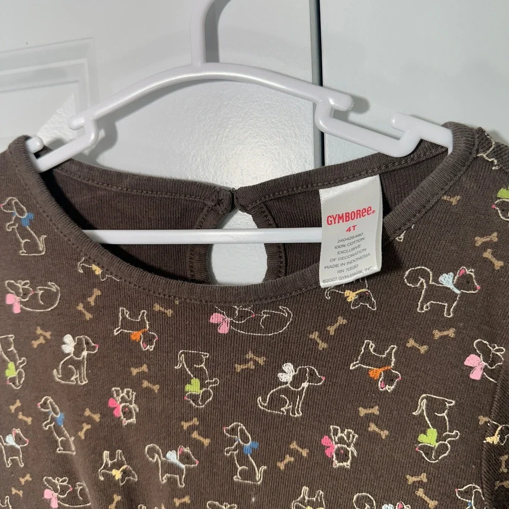 Y2K Gymboree Dress Brown Puppy Dog Print Long Sleeve Bow 4T Novelty Cotton